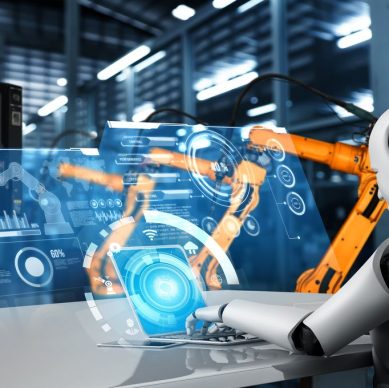 Mechanized industry robot and robotic arms for assembly in factory production . Concept of artificial intelligence for industrial revolution and automation manufacturing process .